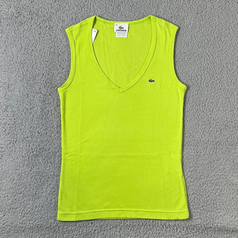 Lacoste Tank Top Women US Size S (EU/4) Lime Green V-Neck Cotton Logo Sleeveless